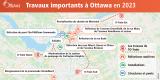 La carte d’Ottawa présente les différents projets de construction de l’O-Train, de réfection de routes, d’installations, de structures et de ponts, tels qu’ils sont décrits ci-dessus.