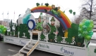 St. Patrick's Day parade float with rainbow and shamrocks