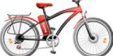 Vélo électrique rouge avec batterie apparente
