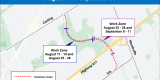 Map/Graphic of the transitway between Lincoln Fields to Iris, showing the work zones and dates