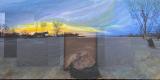 Un collage d'images sur fond de coucher de soleil bleu et jaune sur un champ ouvert.