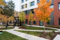 A courtyard in front of an apartment building