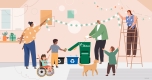 Graphic with pictograms of several people at a holiday party. In the centre of the graphic is a person throwing out food scraps in the green bin, while a child is throwing out a juice box in the blue bin. Illustration montrant plusieurs personnes lors d'une fête. Au centre, une personne jette des restes de nourriture dans le bac vert, tandis qu'un enfant met une boîte de jus de fruits dans le bac bleu. 