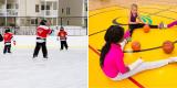 : Image 1: A group of children wearing Canadian Tire hockey jerseys skate at the SENS Rink of Dreams at Heatherington Park. Image 2: A group of children sitting on a gymnasium floor as they participate in an activity with basketballs.