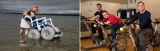 Image 1 : Une personne en situation de handicap, assise dans un fauteuil roulant adapté à la plage, est promenée dans l’eau par une personne de soutien. Image 2 : Trois personnes en situation de handicap utilisent des vélos stationnaires lors d’un cours de conditionnement physique organisé dans le cadre d’un programme de loisirs inclusifs.