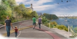 A drawing of people walking on a boardwalk next to a river