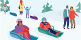 An illustration of four children sledding while using proper safety precautions with three adults supervising.
