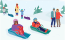 An illustration of four children sledding while using proper safety precautions with three adults supervising.