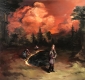 Painting of a child standing on a burning lawn. Other children crouch in the background to look at the fire. 