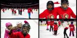 Image 1: A rink in the Canadian Tire Centre full of children skating during the I Love to Skate festival. Image 2: Two young children pose for a photo while skating the Canadian Tire Centre during the I Love to Skate festival. Image 3: Three young children pose for a photo while skating the Canadian Tire Centre during the I Love to Skate festival. Image 4: Several children skating around a rink at the Canadian Tire Centre during the I Love to Skate festival.