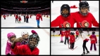 Image 1: A rink in the Canadian Tire Centre full of children skating during the I Love to Skate festival. Image 2: Two young children pose for a photo while skating the Canadian Tire Centre during the I Love to Skate festival. Image 3: Three young children pose for a photo while skating the Canadian Tire Centre during the I Love to Skate festival. Image 4: Several children skating around a rink at the Canadian Tire Centre during the I Love to Skate festival.