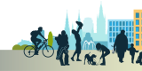 A cityscape with the silhouettes of adults and children participating in various activities.