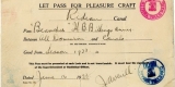 Season pass for pleasure craft on the Rideau Canal, 1923
