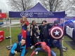 Safer Roads Ottawa booth with three City of Ottawa staff and three CHEO volunteers dressed as superheros./Le stand de Sécurité des routes Ottawa avec trois employés de la Ville d'Ottawa et trois bénévoles du CHEO déguisés en super-héros.