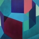 Une composition géométrique abstraite aux teintes vibrantes de turquoise, violet et rouge, créant une interaction dynamique de formes et de couleurs sur toile.