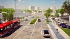 Rendering of the finished Bank Street renewal facing north at the intersection of Bank Street and Randall street, with cars driving, cyclists and pedestrians using the pathways, and red public transit bus stopped at a bus stop.