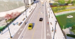 Rendering of a finished Mackenzie King Bridge over the Rideau Canal with cars crossing, cyclists and pedestrians using the pathways, and a boat in the canal below.