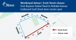 A map providing visual of the Scott Street westbound closure from Bayview Station Road to Parkdale Avenue. Visit the link in the post for full details.