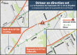 Carte illustrant la déviation de la circulation en direction est lors de la fermeture à venir de l’autoroute 417. 