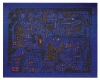 A tapestry with orange and black abstract patterns woven into a deep blue background.