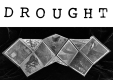 An irregular, geometric arrangement of textured images represents the concept of "drought" with the word boldly stamped above the composition.