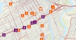 Map of downtown with various icons used to delineate construction zones. 