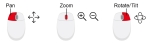  A diagram of a computer mouse illustrating three different actions by pressing on the left button to pan, pressing scroll button to zoom and right button to rotate or tilt.  