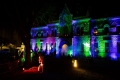 Exterior of municipal Heritage Building with blue and green lights/Extérieur du bâtiment municipal du patrimoine avec des lumières bleues et vertes