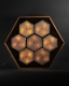 A honey-comb shaped lightbox comrpised of seven hexagons, set against a dark background