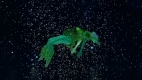 a green iridescent figure floats through a dark, bubble-filled space