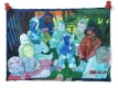 Painting of various figures, all sitting and facing the viewer, rendered in varying shades of blue, green, orange and pink