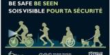 Logo for Be Seen, Be Safe campaign with cyclist, runner, pedestrians and pets wearing appropriate illumination to be seen