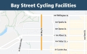 This is a map of the Bay Street Cycling Facilities with Bay Street highlighted between Laurier Ave and Wellington Street.