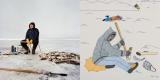 two images: left is a photo of a man sitting on a chair outside on the ice with a pile of fish beside; right is a drawing of a man sitting on the ice, fishing