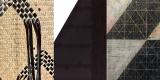 monotone grouping of artwork details – hand woven panel, black fringed triangle and etching of triangular patterns 