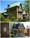 Red brick houses featuring design elements such as gardens, stained glass windows, carved doors and pointed arch openings. 