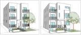 Deux illustrations d'immeubles d'appartements à faible hauteur