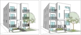 Two illustrations of low rise apartment buildings