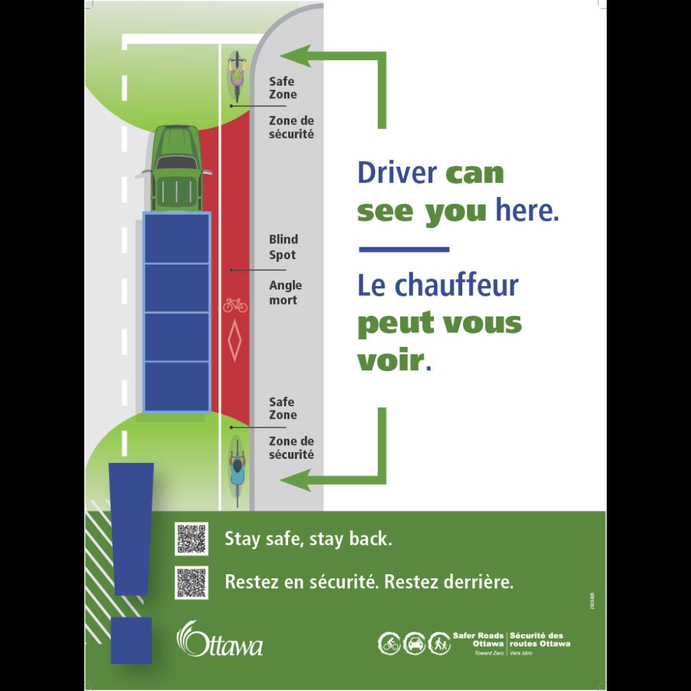 Affiche représentant un grand camion avec les angles morts pour le conducteur marqués en rouge sur les côtés et des zones vertes pour indiquer les zones de sécurité.